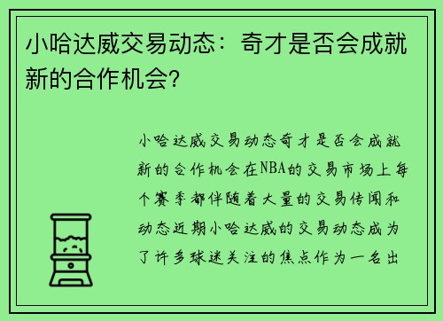 小哈达威交易动态：奇才是否会成就新的合作机会？