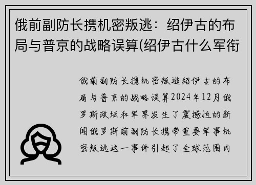 俄前副防长携机密叛逃：绍伊古的布局与普京的战略误算(绍伊古什么军衔)